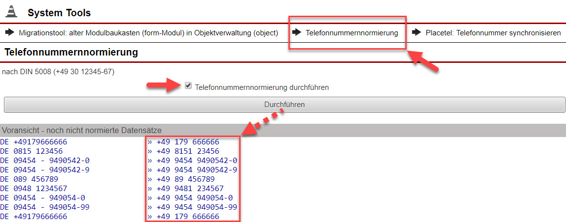 Screenshot Fenster zur Normierung von Telefonnummern mit Markierungen bei verschiedenen Bereichen