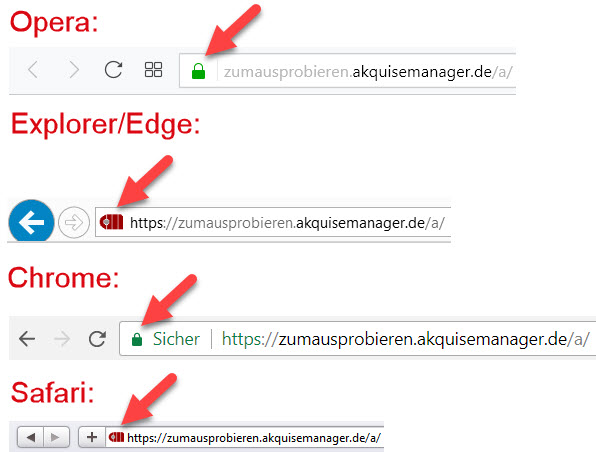 Beispiele für Icons am Anfang einer URL-Zeile, die bei für die Desktop-Verknüpfung zum AkquiseManager benötigt werden.