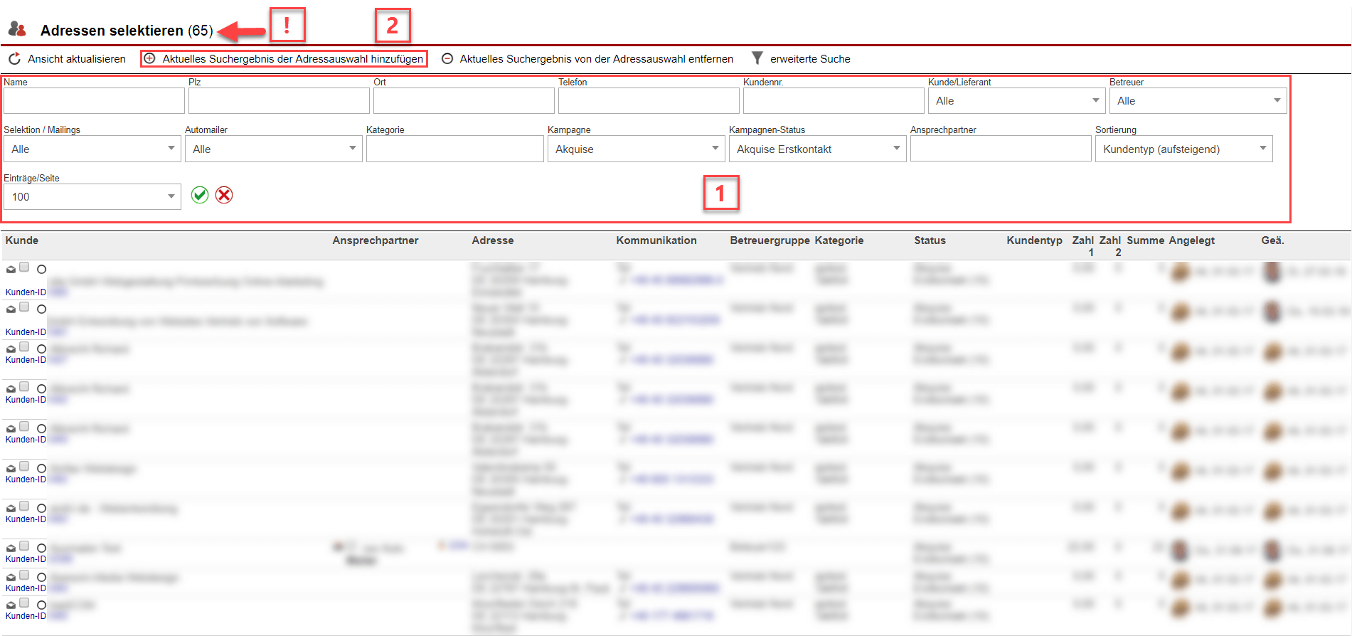 Screenshot Filtermaske zur Erstellung einer Adressselektion mit verschiedenen Markierungen