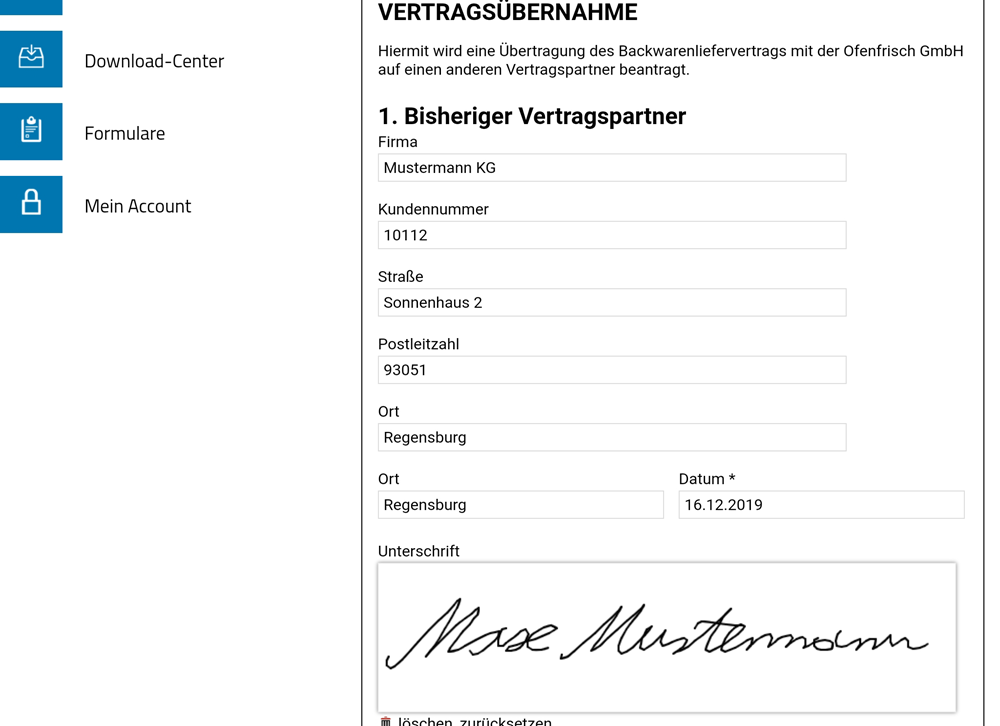 Screenshot eines in einem Doku365-Account angezeigten Formulars mit einem gefüllten Feld für digitale handschriftliche Signaturen