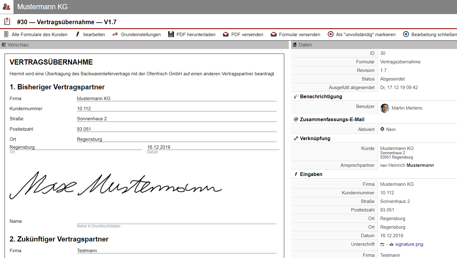 Screenshot eines digital unterschriebenen und an den Betreuer zurückgeschickten Doku365-Formulars.