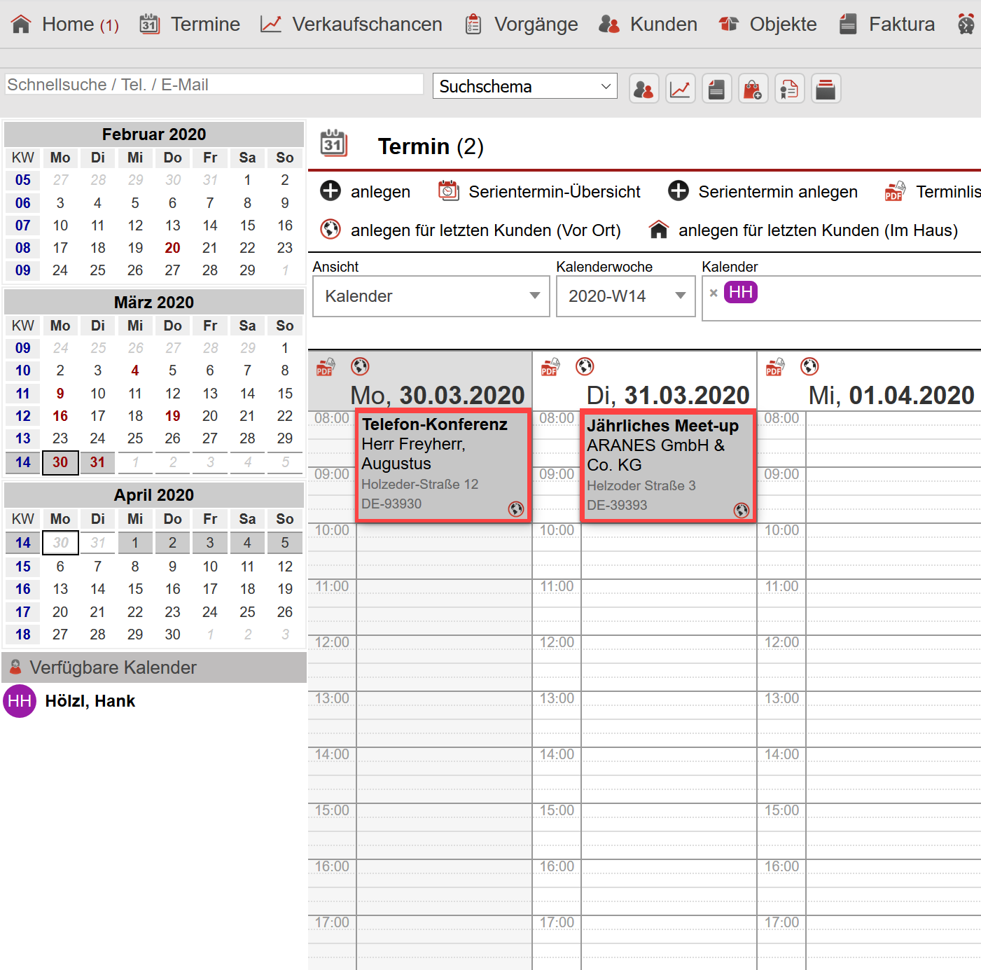 Screenshot Kalenderübersicht mit markierten Terminfenstern