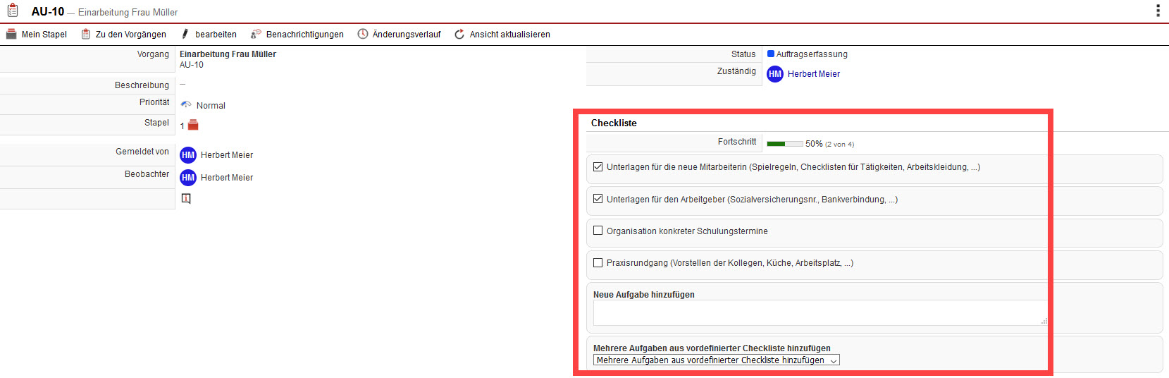 Screenshot geöffneter Vorgang mit markierter Checkliste