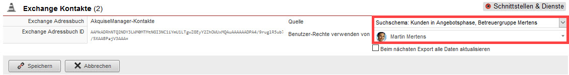 Screenshot geöffnete Verknüpfungsmaske zur Einrichtung eines Exchange-Server-Exports mit markierten Eingabeoptionen