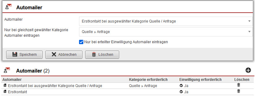 Screenshot geöffneter Anlagebereich des Automailers innerhalb der Übersicht eines Web-Formulars