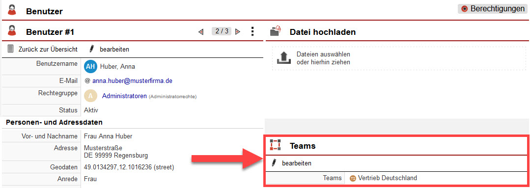Screenshot geöffneter Benutzerdatensatz mit markiertem Bereich "Teams"